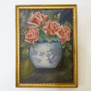 Antique rose oil painting gold frame